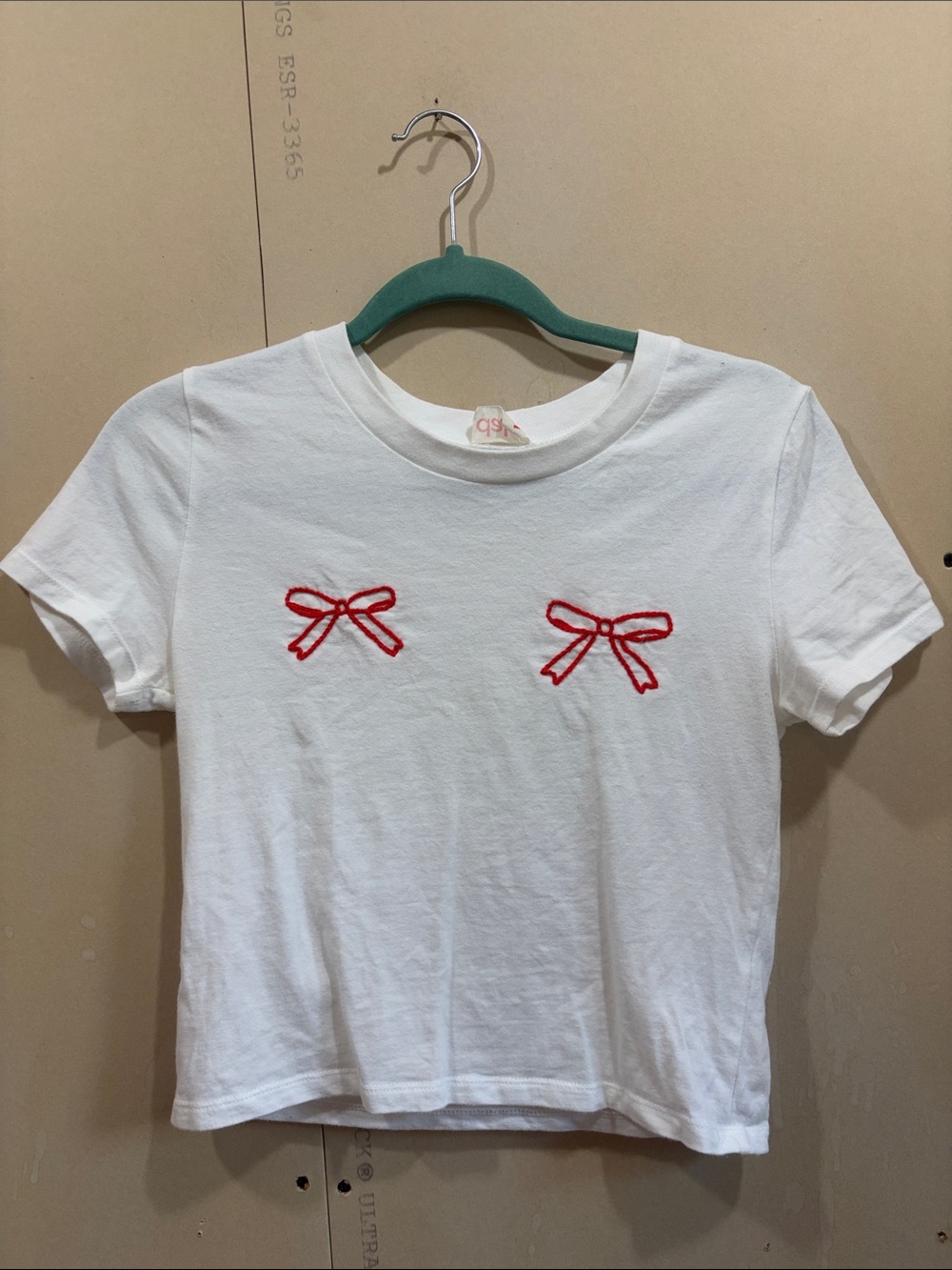 White Crop Top Baby Tee Red Bow Accents Size S